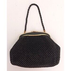 VTG Whiting & Davis Blk Beaded Mesh Blk/Gold Enamel Frame Bag Made in USA